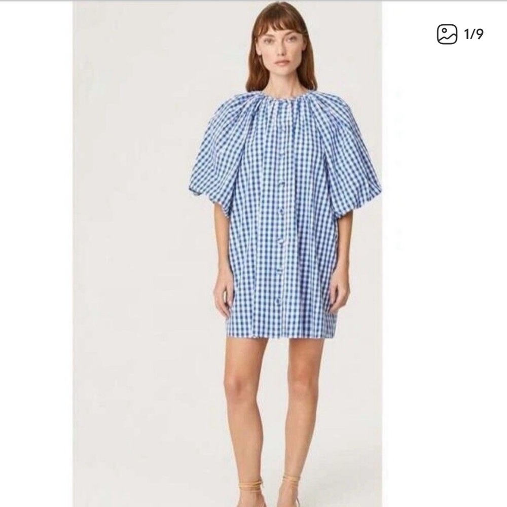 RHODE Dress Womens Large Blue White Gingham Check Mini Puff Sleeve Paloma